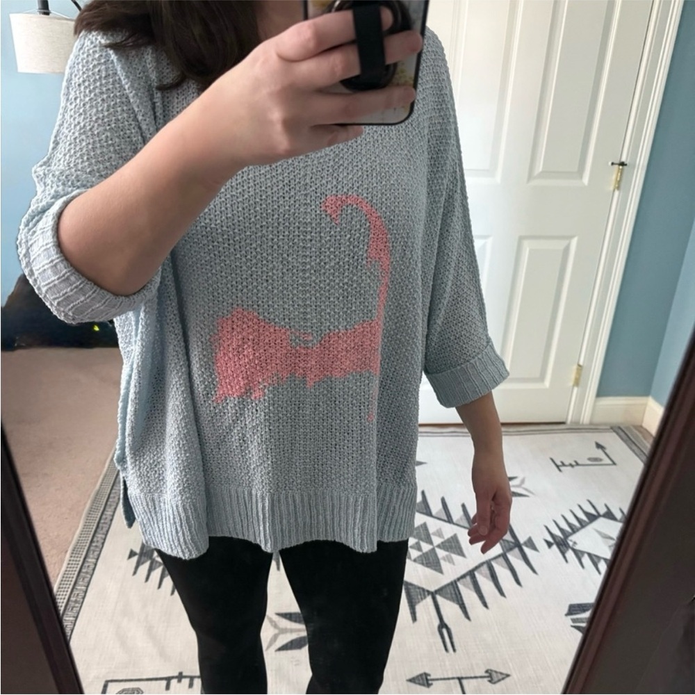 NWT "Beach Life" Cape Cod Map Blue Slouchy Knit Sweater, One Size XL-2XL